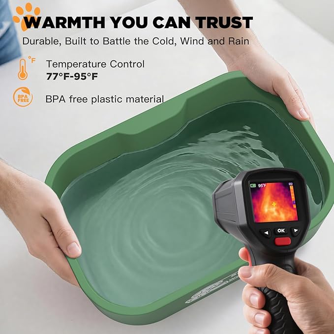 IPOW Pet Heated Water Bowl - 5.5L Extra-Large Rectangular Outdoor Durable Outdoor Dog Bowl with Anti-Chew Cord, Keep Water Warm at 77-95℉ for Cats & Dogs, BPA-Free, Spill-Proof, Green