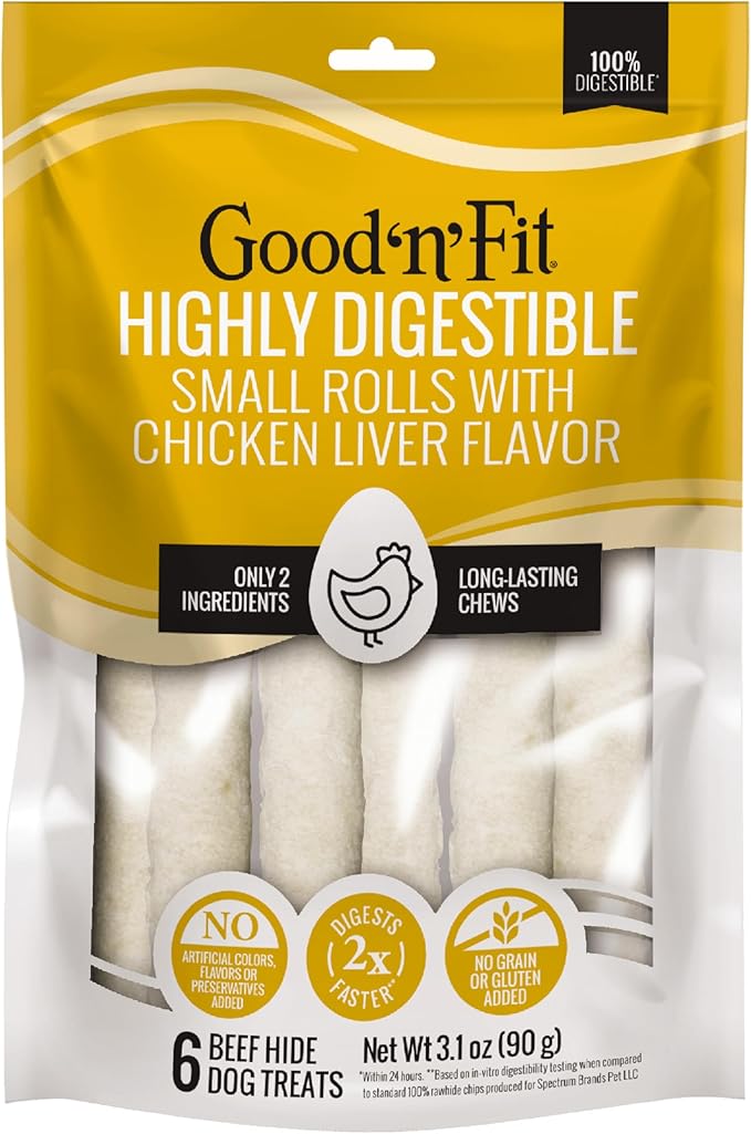 Good n Fit Small Rolls with Real Chicken Liver Flavor, 6 Count, Long-Lasting Highly Digestible Rawhide Chews for Dogs