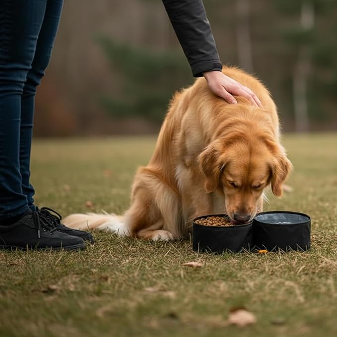OllyDog Superbowl | Collapsible Dog Travel Bowl | 2 Compartment Food & Water | Foldable| Portable Dog Bowl | Hiking, Camping (Raven)