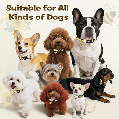 Kazazoo Dog Collar Cute and Soft Nylon Puppy Collar for Boy and Girl, Adjustable Dog Collars for Medium Large Dogs, Bees and Sunflowers-L