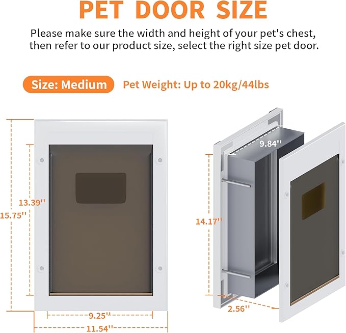 Medium Metal Dog Door 11 ¼ ”x 15 ¾” Medium Dog Door for Wall and Door Pet Door with 2 Lock & Durable Aluminum Frame, Doggy Door for Dogs and Pets, White