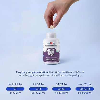 Turkey Tail Mushroom for Dogs - Mushroom Complex for Lumps and Bumps - Reishi, Cordyceps, Lion's Mane, Turkey Tail, Maitake and Shitake with Vitamin C, Milk Thistle and Coenzyme Q10.(120 Tablets)