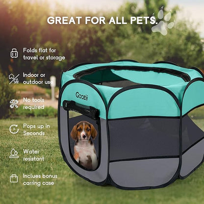 Goozii Pet Cat Playpen for Indoor Cats Enclosed, Puppy Dog Play Pen for Outdoor Travel Camping (Small Size, Green & Dark Grey)