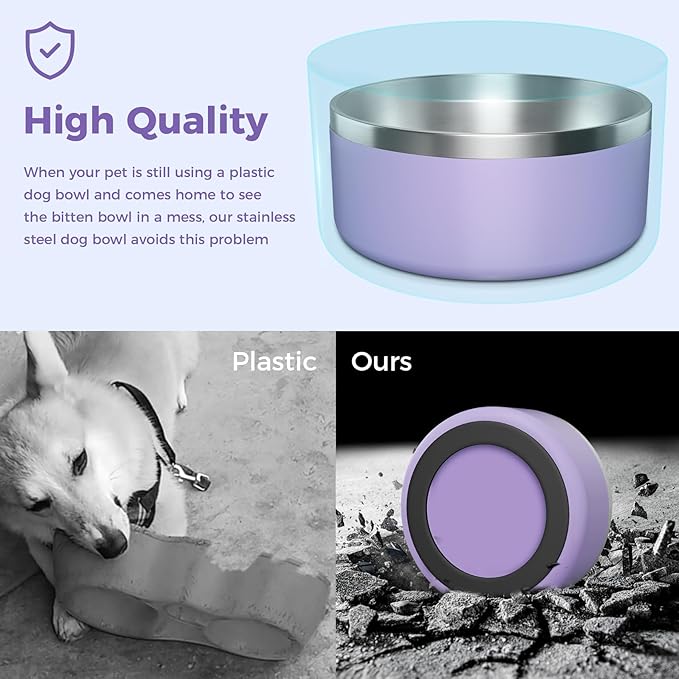 WENBOKMIN Dog Bowl, Stainless Steel Dog Food and Water Bowl with Non Slip Quiet Bottom, Easy to Clean, Dishwasher Safe, 64oz, Light Purple