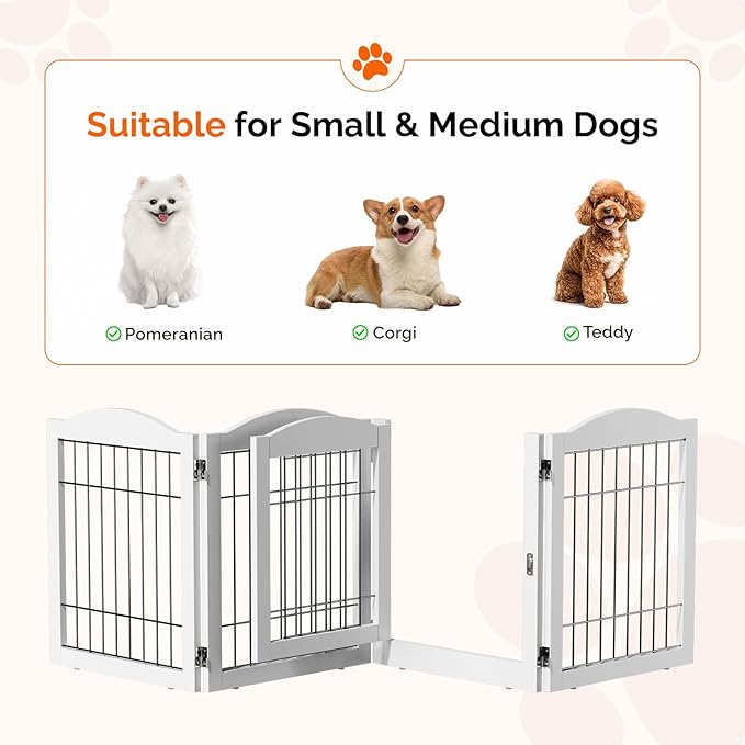 Bonnlo Freestanding Dog Gate, 24" H Pet Gate with 4 Panel Walk Through Door, Foldable Dog Safety Fence for Stairs Doorways Fireplace Up to 146'' Wide (White, 24" H-4 Panels with Door)