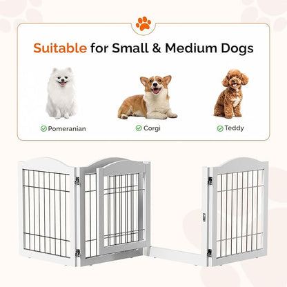 Bonnlo Freestanding Dog Gate, 24" H Pet Gate with 4 Panel Walk Through Door, Foldable Dog Safety Fence for Stairs Doorways Fireplace Up to 146'' Wide (White, 24" H-4 Panels with Door)