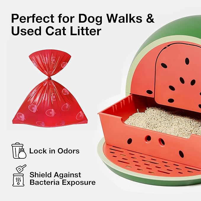 VETRESKA Dog Poop Bag Dispenser with Strawberry Scented Bags, Leak Proof, Extra Thick and Large Pet Waste Bags,1 Count Bag Holder and 105 Bags (7 Refill Rolls) for Walking Dog and Cats Litter, Red