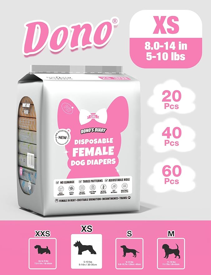 Dono Dog Diapers Female-40PCS, Disposable Female Dog Period Diaper for Heat with Wetness Indicator, Super Absorbent Doggie Puppy Diapers Female for XXS,Small Medium Large Dogs