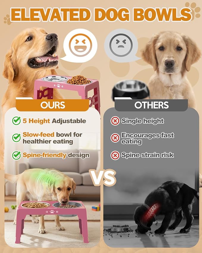 Jovrun Elevated Dog Bowls for Medium Size Dogs with Mat, Non-Slip Dog Feeder with 1*Stainless Steel Dishes & 1*Slow Feeder Bowl, 5 Heights Adjustable Raised Bowls for 3.15″-8.66″-9.84″-11.02″-12.2″