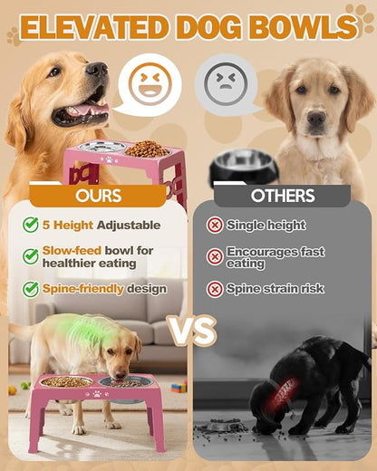 Jovrun Elevated Dog Bowls for Medium Size Dogs with Mat, Non-Slip Dog Feeder with 1*Stainless Steel Dishes & 1*Slow Feeder Bowl, 5 Heights Adjustable Raised Bowls for 3.15″-8.66″-9.84″-11.02″-12.2″
