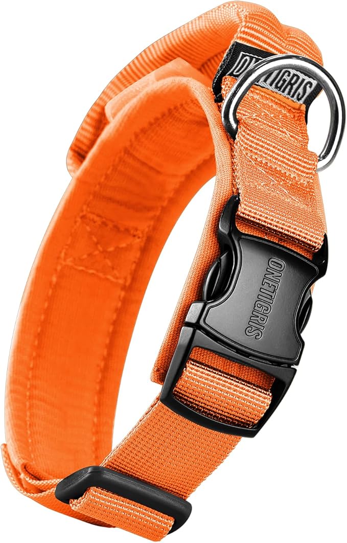 OneTigris Tough Dog Collars, Tactical Dog Collar with Handle, Milltary Adjustable Dog Collar with Heavy Duty Metal Buckle for Training (Orange, S)