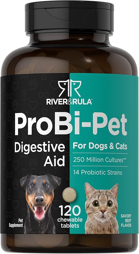 Horbaach Probiotics for Dogs and Cats | 120 Chewable Tablets | Digestive Health Supplement with 14 Strains | Savory Beef Flavor | by River & RULA
