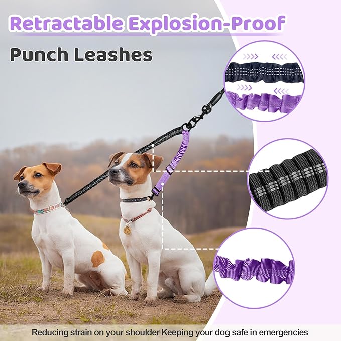 Double Dog Leash - 360°Swivel Tangle Free Splitter Attachment, 2 Dogs Multi-Functional Leashes, Dual Rope for Outdoor Walk Train Small Medium Large Two Pet, Purple