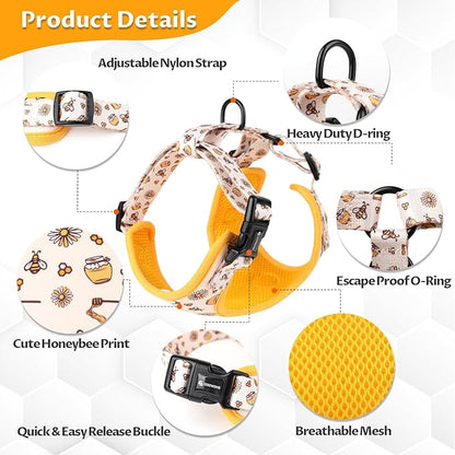 Dog Cat Harness and Leash Set, Puppia Soft Mesh Padded and Adjustable Puppy Vest Cute Dog Clothes Escape Proof Easy Walk Pet Accessories (Honeybee, L (Neck 15.7"-21"; Chest 19.6"-28.3"))