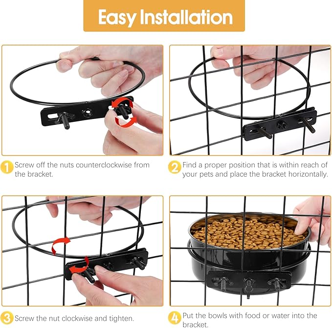 2 Pcs Black Large Pet Dog Food Water Bowl for Cage Stainless Steel Non-Spill Kennel Hanging Cats Bowls with Clamp Holder Crate Feeder Dish for Medium Large Dogs Huge Pets (7.1x3.7'' & 7.1x2.5'')