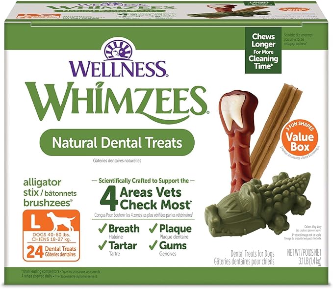 Wellness WHIMZEES Value Pack Dog Dental Treat, Chews, Freshens Breath, Large Size, 50.9 oz Box, 24 Count