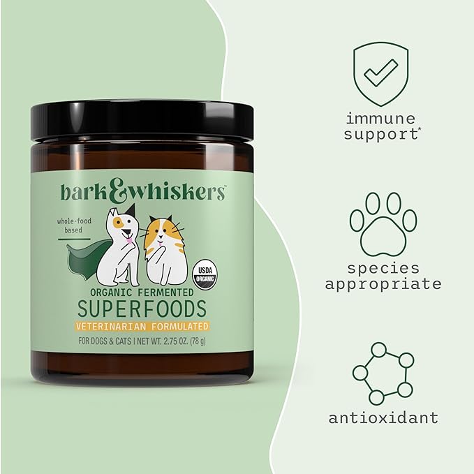Dr. Mercola Bark & Whiskers Organic Fermented Superfoods - Nutrient-Rich Meal Topper for Dogs & Cats - with Antioxidants - Cheddar Flavor - USDA Organic - 60 Scoops
