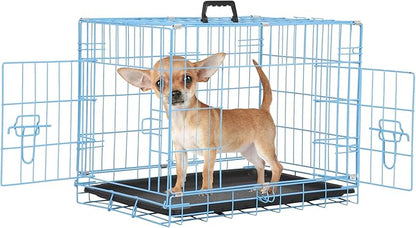 Wire Dog Crate 24 Inch Dog Kennel Cage, Double Door Folding Dog Cage, Wire Dog Kennel with Removable Tray, Indoor&Outdoor,Blue