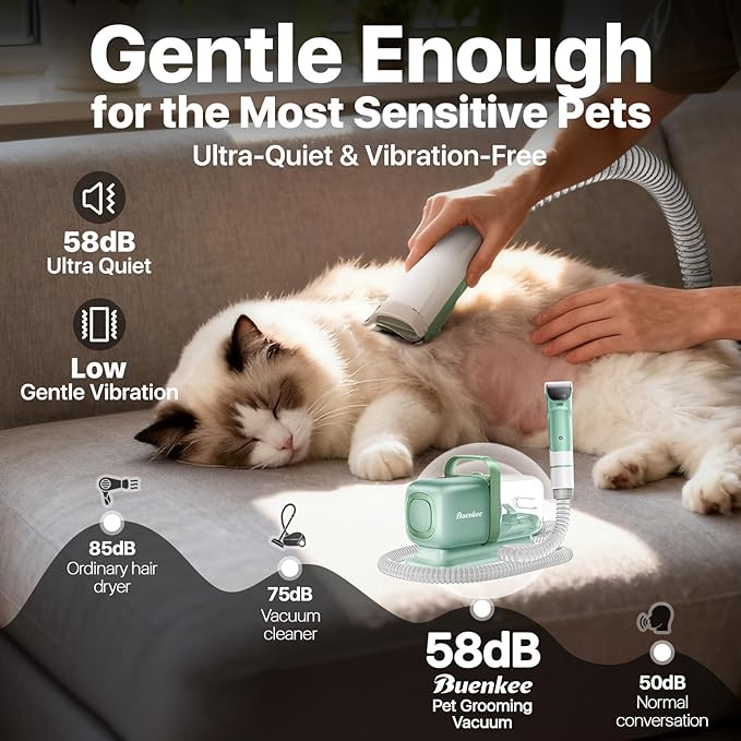 buenkee Dog Grooming Kit with Vacuum, 15000Pa Pet Hair Clipper and Shedding Brush, 50dB Low Noise, 2L Capacity, White