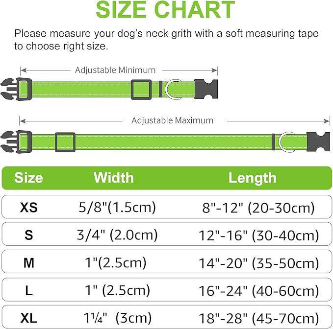 Joytale Reflective Dog Collar, Soft Neoprene Padded, Metal D-Ring, Nylon Pet Collar Adjustable for Medium Dogs, Green, M