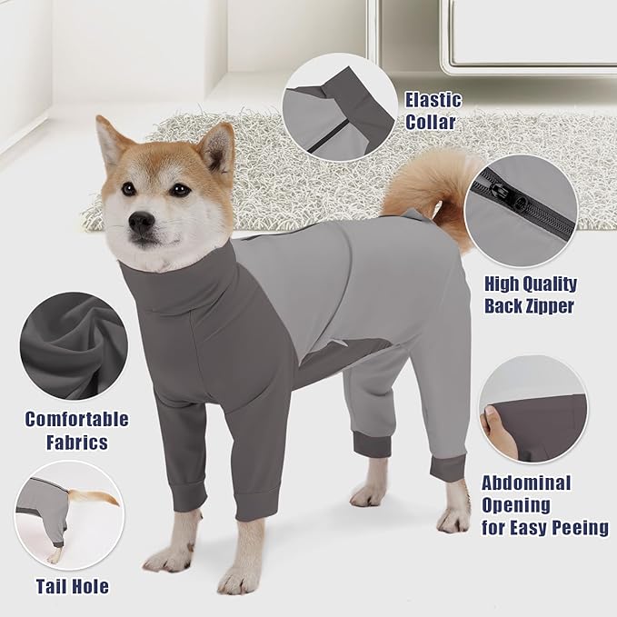 Dog Recovery Suit for Surgery Dog Onesie for Female and Male E-Collar Alternative Anti Shedding Pajamas Long Sleeve Claming Bodysuit Gray XS