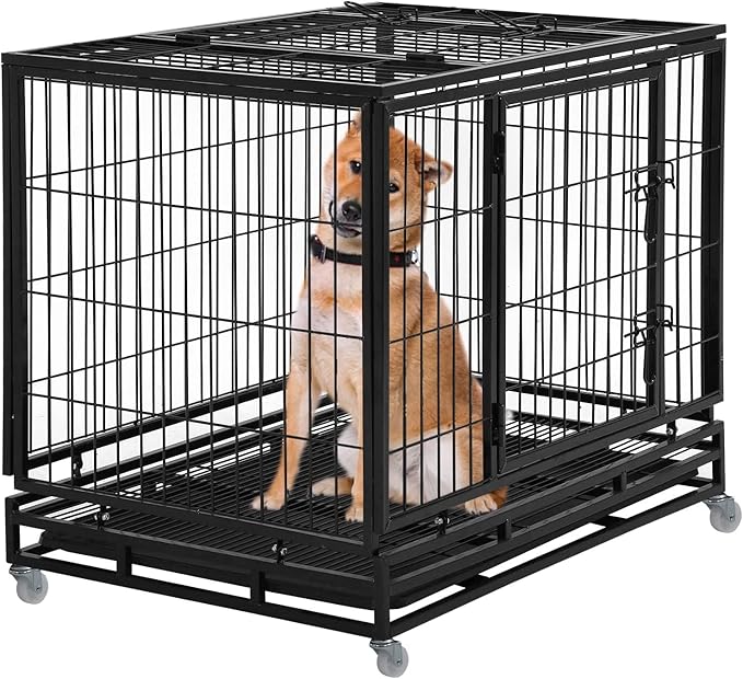 FDW Dog Crate Dog Cage Dog Kennel for Large Dogs Heavy Duty 42 Inches Pet Playpen for Training Indoor Outdoor with Plastic Tray Double Doors & Locks Design