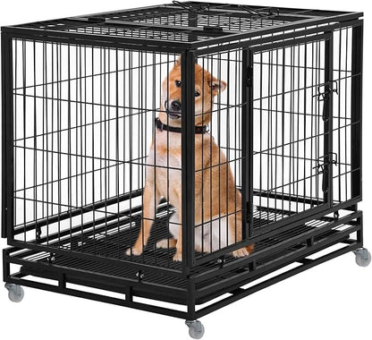 FDW Dog Crate Dog Cage Dog Kennel for Large Dogs Heavy Duty 42 Inches Pet Playpen for Training Indoor Outdoor with Plastic Tray Double Doors & Locks Design