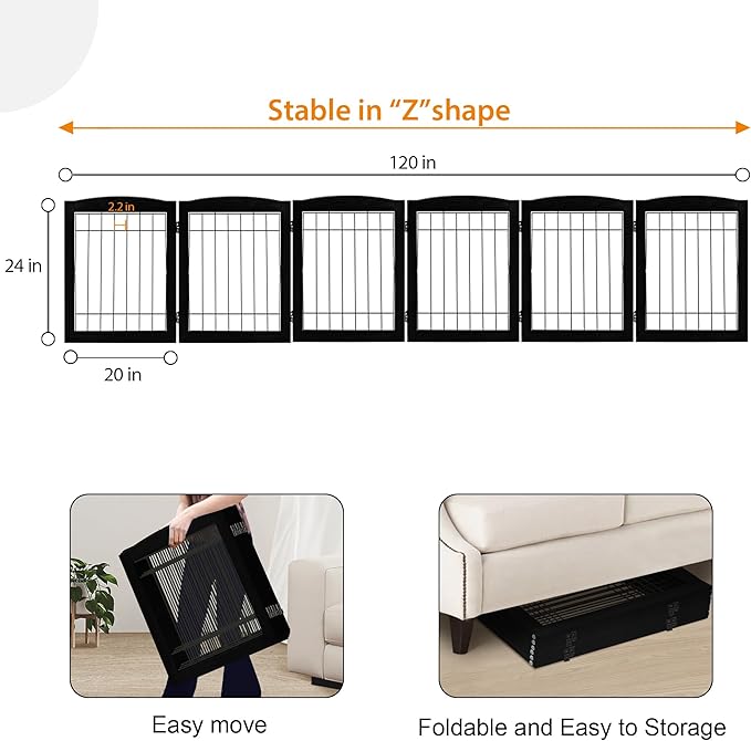 LZRS 6-Panel Extra Wide Wooden Freestanding Dog Gate: Foldable Solid Wood and Steel Wire Chew Resistant Safety Barrier for Doorways, Stairs, and Open Long Spaces Indoor Use, Black