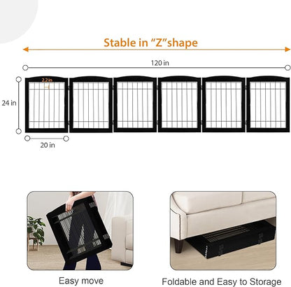 LZRS 6-Panel Extra Wide Wooden Freestanding Dog Gate: Foldable Solid Wood and Steel Wire Chew Resistant Safety Barrier for Doorways, Stairs, and Open Long Spaces Indoor Use, Black