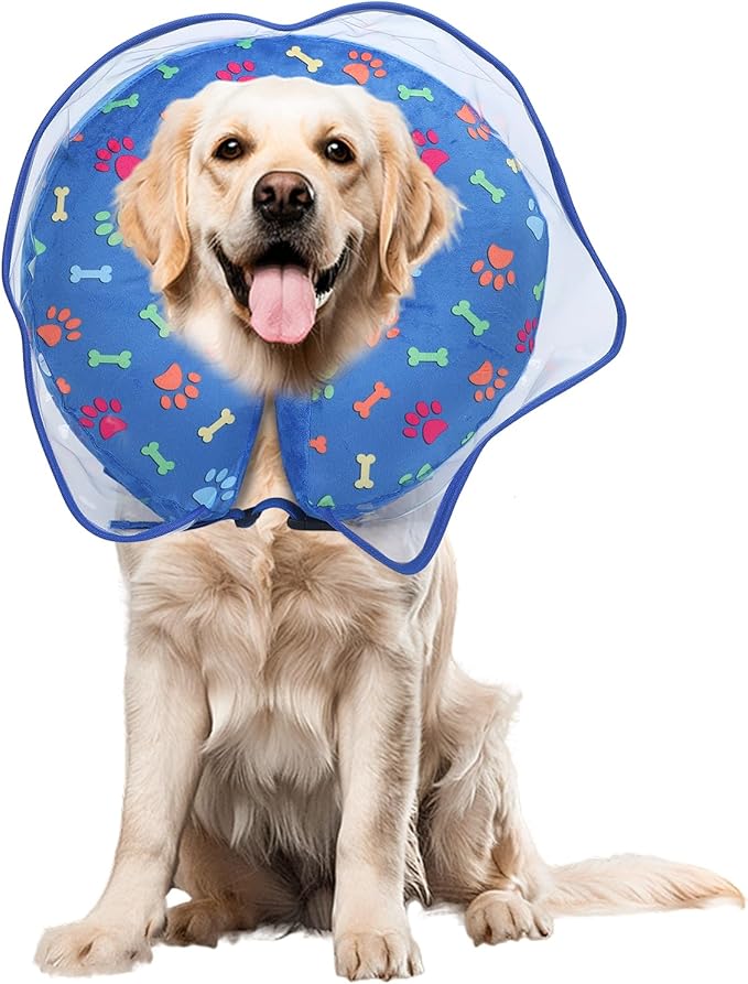 Inflatable Collar After Surgery, Adjustable Cute Calming Puppy Collar with Soft Padding, Pet Prevent Scratches Anti Licking Collar for Small Medium Large Dogs (Blue, M)