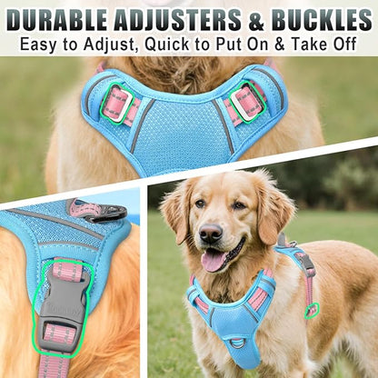 BARKBAY No Pull Dog Harness Large Reflective Dog Harness with Front Clip and Easy Control Handle for Walking Training Running with ID tag Pocket(Baby Blue & Baby Pink,L)