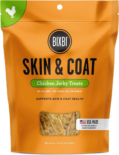 BIXBI Skin & Coat Support Chicken Jerky Dog Treats, 5 oz - USA Made Grain Free Dog Treats - Antioxidant Rich to Support Shiny, Full Bodied Coats - High in Protein, Whole Food Nutrition, No Fillers