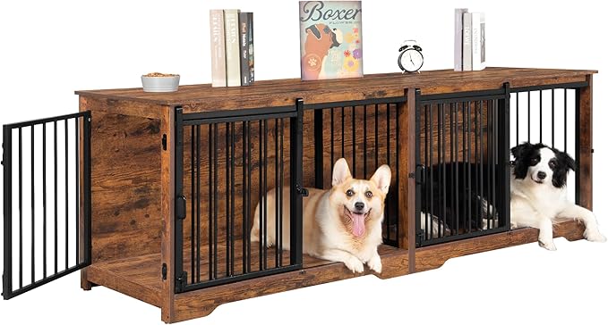 Hzuaneri 78" Dog Crate Furniture for 2 Dogs, Double Dog Cage with Divider, Wooden Heavy Duty Dogs Kennel, Pet Cage with Barn Door, TV Stand for Large Small Medium Dogs, Rustic Brown DFC83701BV1