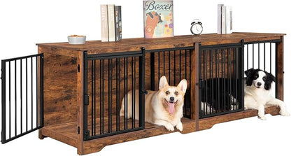 Hzuaneri 78" Dog Crate Furniture for 2 Dogs, Double Dog Cage with Divider, Wooden Heavy Duty Dogs Kennel, Pet Cage with Barn Door, TV Stand for Large Small Medium Dogs, Rustic Brown DFC83701BV1