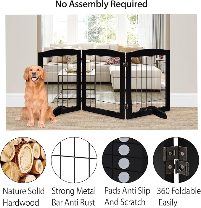 LZRS 3-Panel Freestanding Wooden Dog Gate—30" Tall Foldable Pet Barrier with Support Feet, Chew-Resistant Solid Hardwood & Steel Wire Safety Fence for Doorways, Hallways, and Stairs, Black