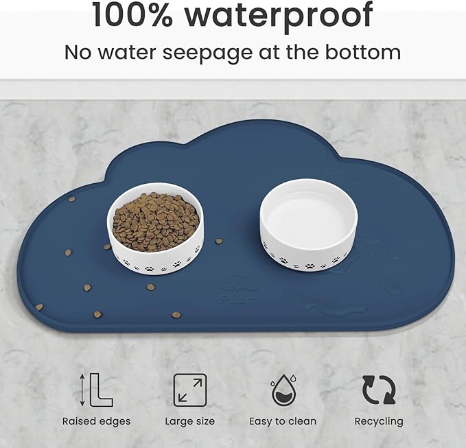 Ptlom Silicone Pet Feeding Mat for Dogs and Cats, High-Lips Pet Placemat Non-Slip Waterproof Bowl Mats Prevent Food and Water Overflow, Puppy Dish Tray Mat Suitable for Small Medium Large Pets, Navy