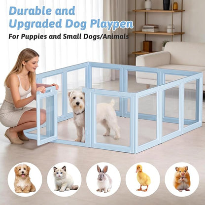 DIY Clear Acrylic Dog Playpen House,Quick Easy Assembly and Disassembly,Strong Floor Suction,Indoor and Outdoor Use,Easy Cleansing Puppy Fence (Sky Blue, 30.3" H, 12PCS)