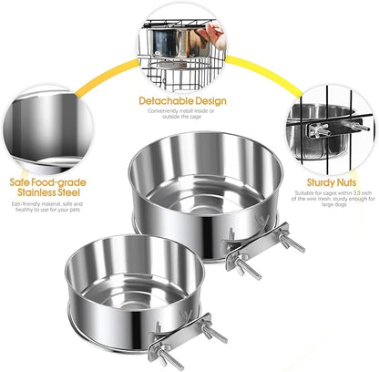 2 Pcs Large Pet Dog Food Water Bowl for Cage Stainless Steel Non-Spill Kennel Hanging Cats Bowls with Clamp Holder Crate Feeder Dish for Medium Large Dogs Huge Pets (7.1x2.5'' & 6.3x2.4'')