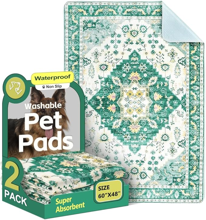 Washable Pee Pads for Dogs 2 Pack Reusable Puppy Training Pads 60"x48" Super Absorbent Waterproof Dog Training Pads, Non-Slip Potty Pads Whelping Pads Litter Mat Pet Supplies - Green Medallion