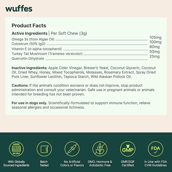 Wuffes Allergy & Itch Soft Chews, Dog Allergy Support with Colostrum, Vitamin E and Omega 3s for Dogs, Non-Drowsy Immune and Itchy Skin Support for All Dogs, 60 Soft Chews (12 oz)