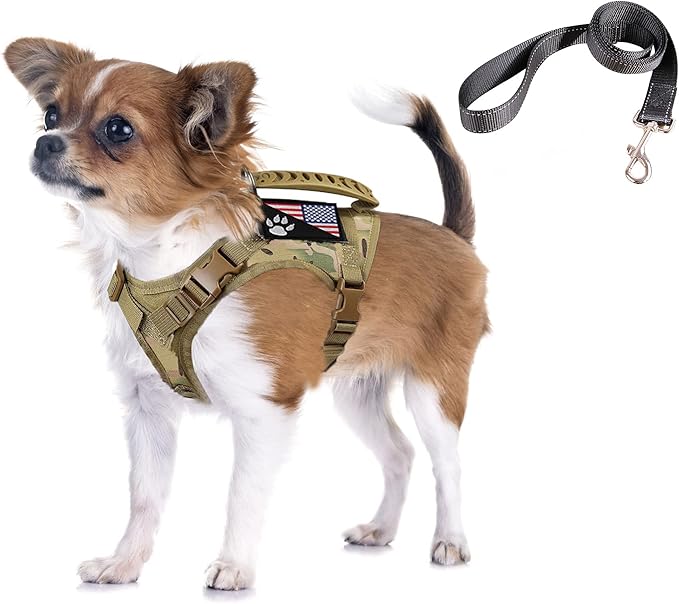 Tactical Dog Harness Tactical Puppy Vest with Rubber Handle K9 Military Adjustable Pet Vest Harness for Outdoor Training XS Dog Harness (Camouflage Harness with Leash)