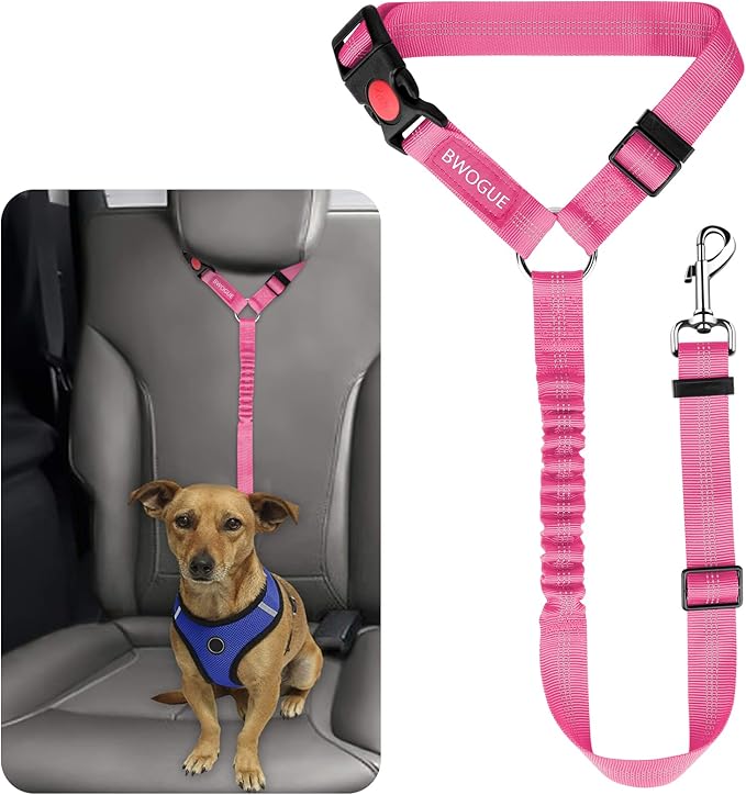 BWOGUE Pet Dog Cat Seat Belts, Car Headrest Restraint Adjustable Safety Leads Vehicle Seatbelt Harness (1 Pack, Pink, Elastic)