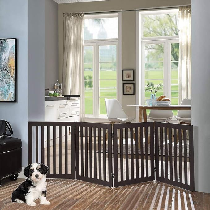 unipaws 24" H Free Standing Pet Gate for Dog Cat, Wooden Dog Gates for Doorway, Stairs, Step Over Foldable Pet Fence for The House, Expandable Dog Barrier, Indoor Use, Espresso