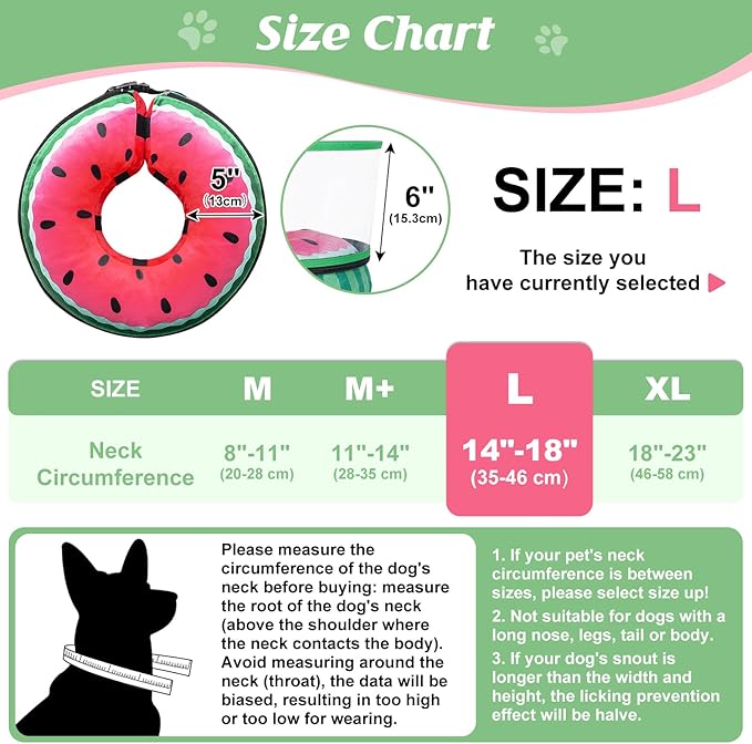 Inflatable Dog Cone, Watermelon Donut Collar After Surgery, Donut Cone with Detachable Anti-Licking Shield, Soft Recovery Collar for Large Medium Pets Does Not Block View