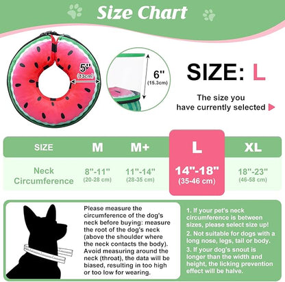 Inflatable Dog Cone, Watermelon Donut Collar After Surgery, Donut Cone with Detachable Anti-Licking Shield, Soft Recovery Collar for Large Medium Pets Does Not Block View