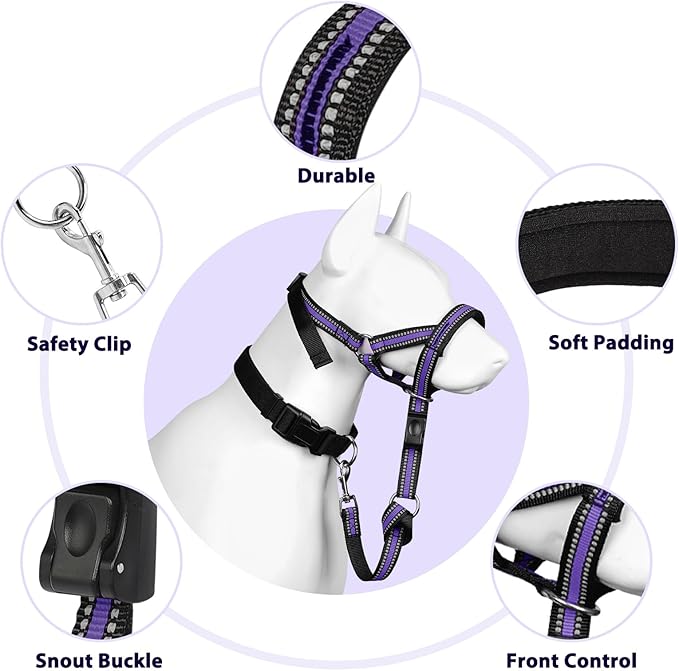 BARKLESS Soft Dog Head Collar, Patented Padded No Pull Head Halter, Training Nose Leash with Safety Link for Medium Large Dogs, Adjustable Muzzle Leash, Easy Control for Walking (L, Purple)
