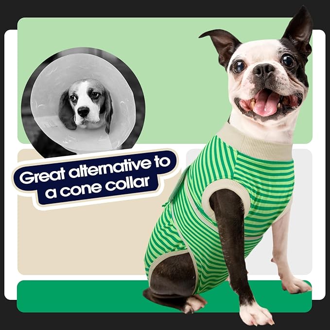 FUAMEY Dog Recovery Suit Male,Dogs Surgery Neuter Suits Puppy Spay Shirts for Female Protect Dog's Skin Anti Licking Abdominal Wounds Doggie Onesie Pet Bodysuit Alternative to Cone Green Stripes M