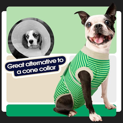 FUAMEY Dog Recovery Suit Male,Dogs Surgery Neuter Suits Puppy Spay Shirts for Female Protect Dog's Skin Anti Licking Abdominal Wounds Doggie Onesie Pet Bodysuit Alternative to Cone Green Stripes M