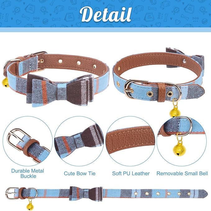 EXPAWLORER Puppy Collar and Leash Set - Classic Plaid Small Dog Collar with Bow Tie, 360 Swivel No Tangle Dog Leash, Adjustable Dog Collar for Small Medium Dogs Cats, Sky Blue S