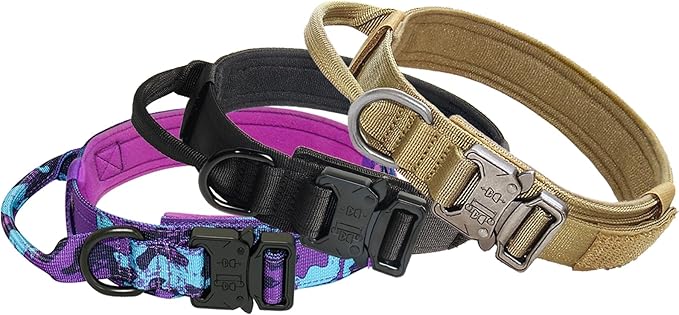 Hotsky Tactical Dog Collar, Adjustable Military Training Nylon Airtag Collar with Handle and Heavy Duty Metal Buckle for Medium Large Dogs, with Airtag Holder and Two Patches（Brown,L）